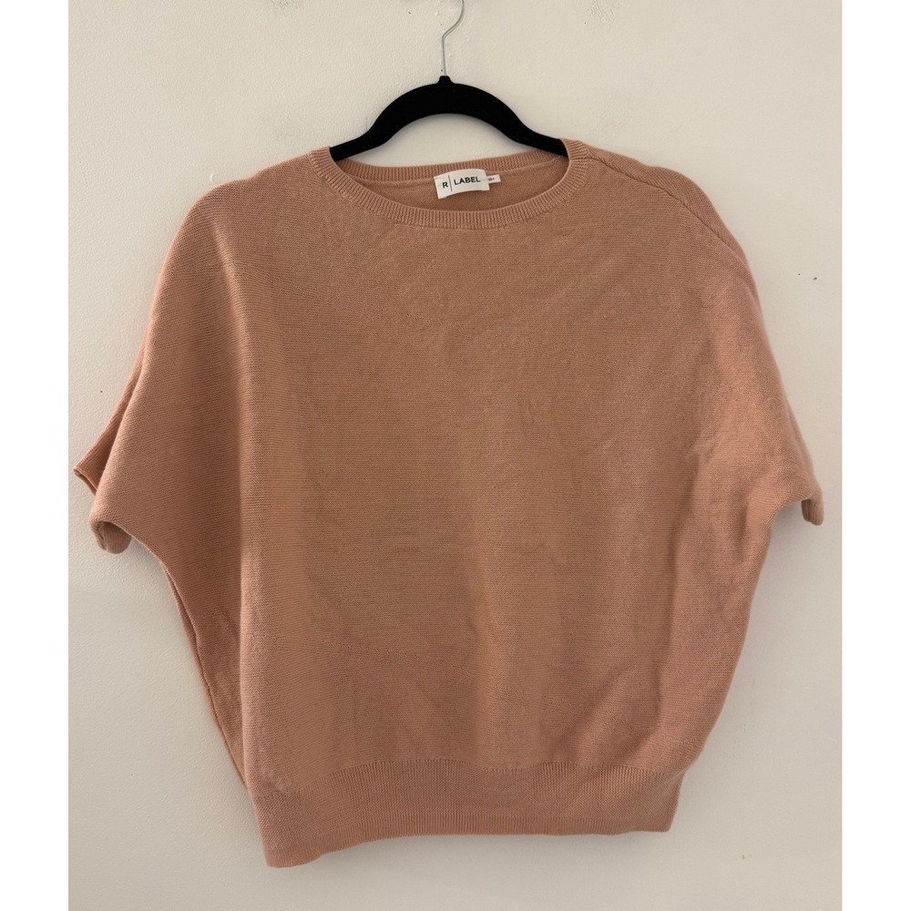 R Label Women 100% Wool Short Sleeve Knit Sweater Dusty Rose Crew Neck S/M